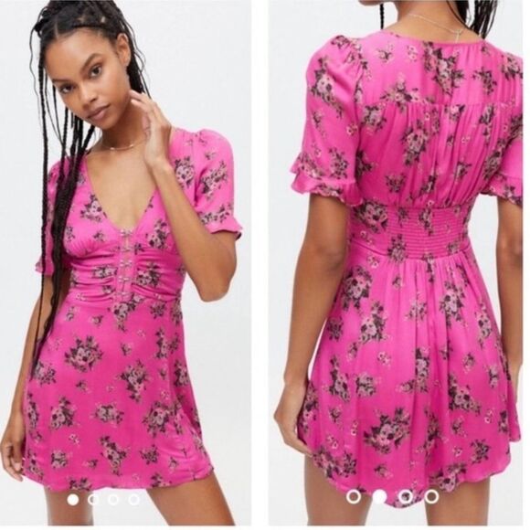 Urban Outfitters Aritha Hook & Eye Pink Floral Babydoll Mini Dress Size Small - Picture 1 of 11